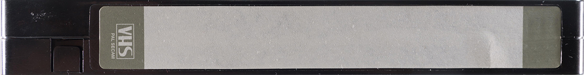 Horizontal VHS cassette spine with blank label.
